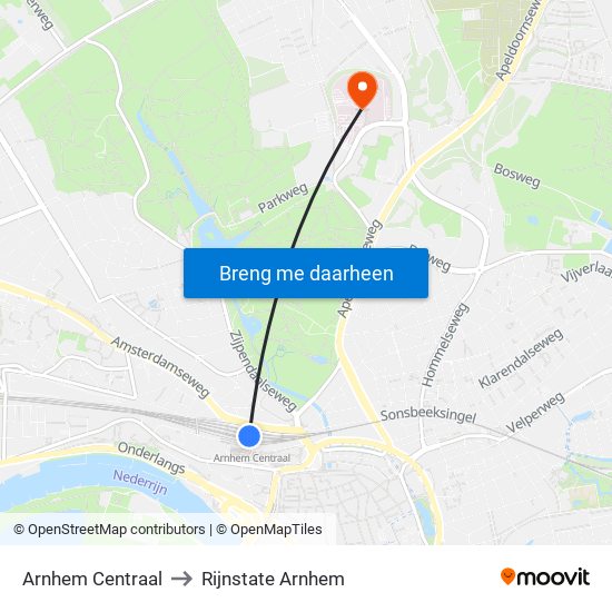 Arnhem Centraal to Rijnstate Arnhem map