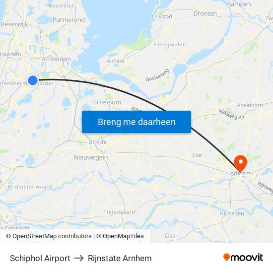 Schiphol Airport to Rijnstate Arnhem map