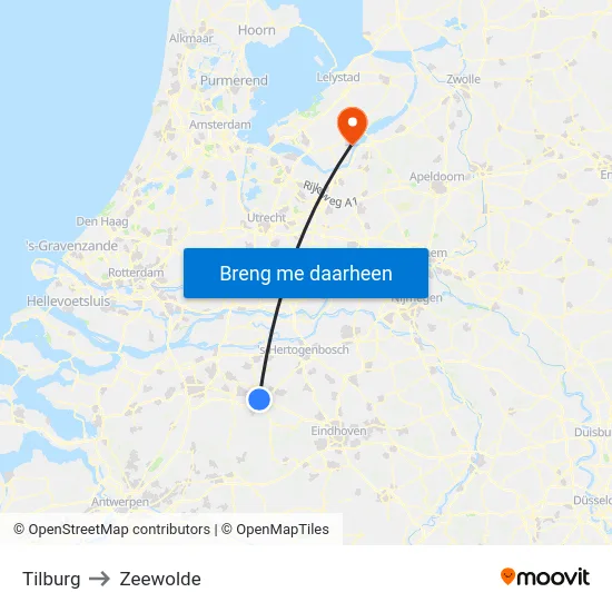 Tilburg to Zeewolde map
