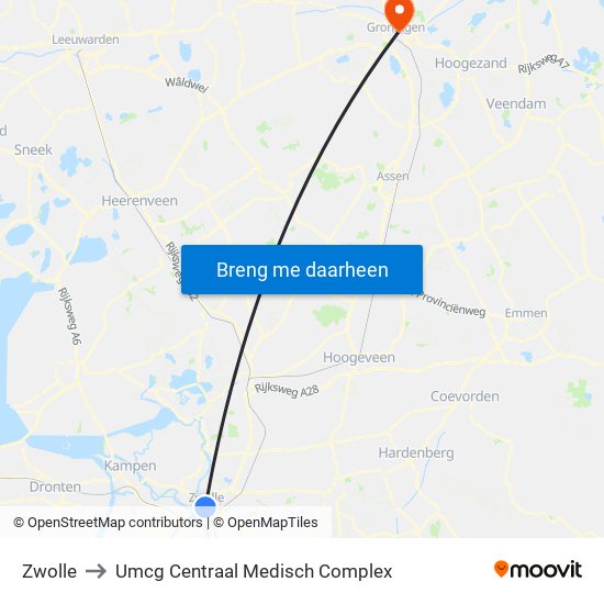 Zwolle to Umcg Centraal Medisch Complex map