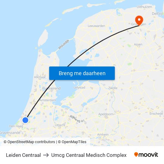 Leiden Centraal to Umcg Centraal Medisch Complex map