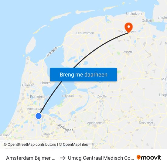 Amsterdam Bijlmer Arena to Umcg Centraal Medisch Complex map