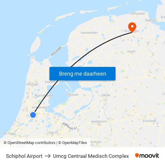Schiphol Airport to Umcg Centraal Medisch Complex map