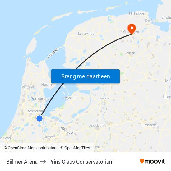 Bijlmer Arena to Prins Claus Conservatorium map