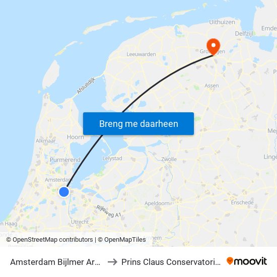 Amsterdam Bijlmer Arena to Prins Claus Conservatorium map