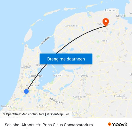 Schiphol Airport to Prins Claus Conservatorium map