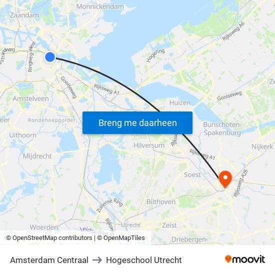 Amsterdam Centraal to Hogeschool Utrecht map