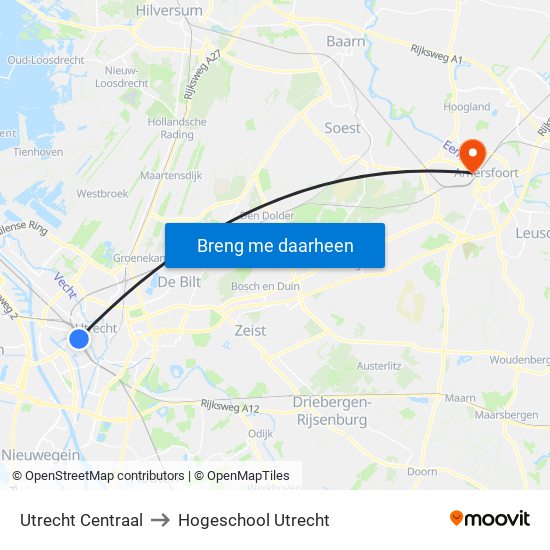 Utrecht Centraal to Hogeschool Utrecht map