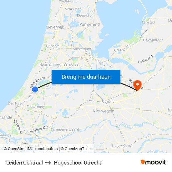 Leiden Centraal to Hogeschool Utrecht map