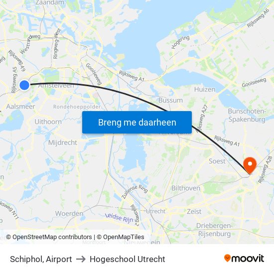 Schiphol, Airport to Hogeschool Utrecht map