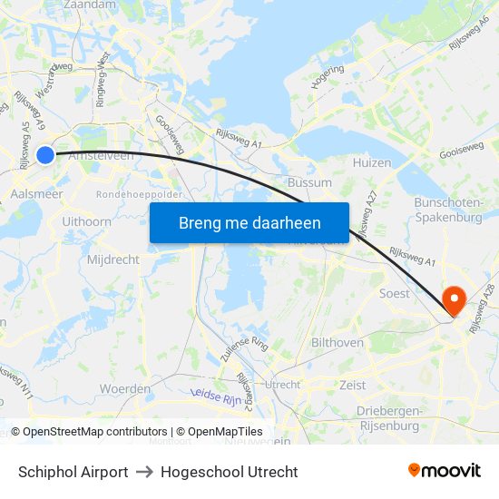 Schiphol Airport to Hogeschool Utrecht map