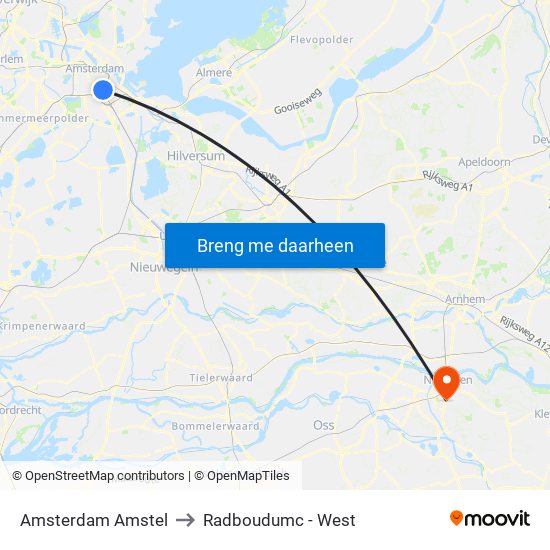 Amsterdam Amstel to Radboudumc - West map