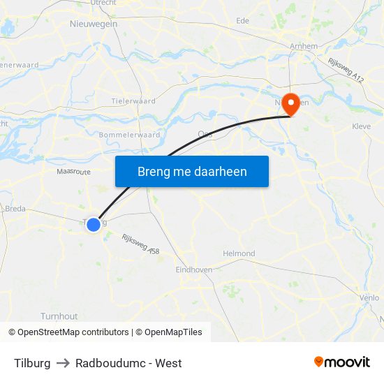 Tilburg to Radboudumc - West map