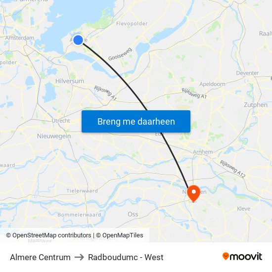 Almere Centrum to Radboudumc - West map