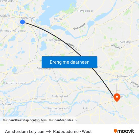 Amsterdam Lelylaan to Radboudumc - West map