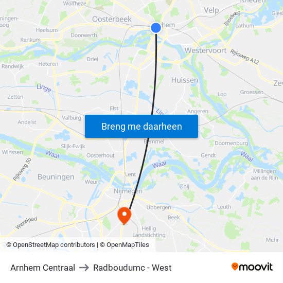 Arnhem Centraal to Radboudumc - West map