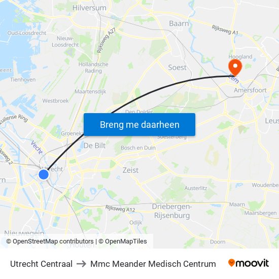 Utrecht Centraal to Mmc Meander Medisch Centrum map