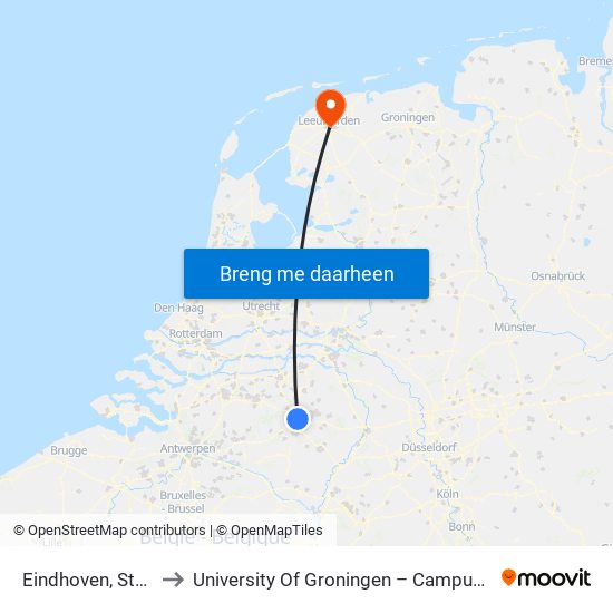 Eindhoven, Station to University Of Groningen – Campus Fryslân map