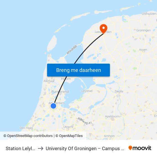 Station Lelylaan to University Of Groningen – Campus Fryslân map