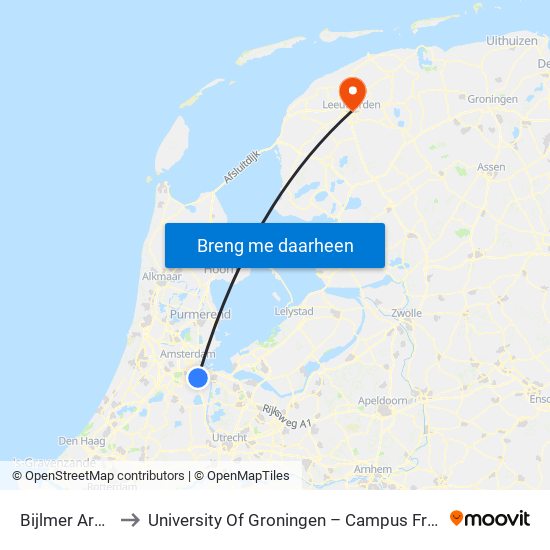 Bijlmer Arena to University Of Groningen – Campus Fryslân map