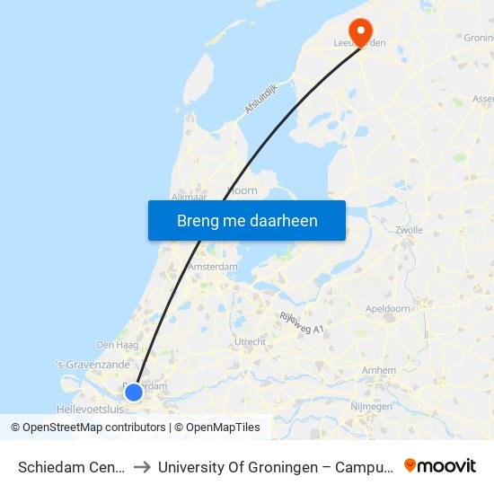 Schiedam Centrum to University Of Groningen – Campus Fryslân map