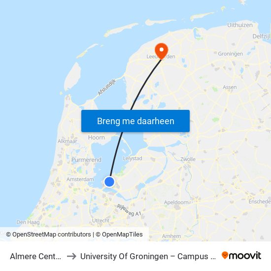 Almere Centrum to University Of Groningen – Campus Fryslân map