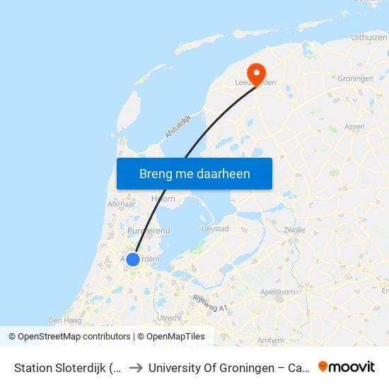 Station Sloterdijk (Perron N) to University Of Groningen – Campus Fryslân map