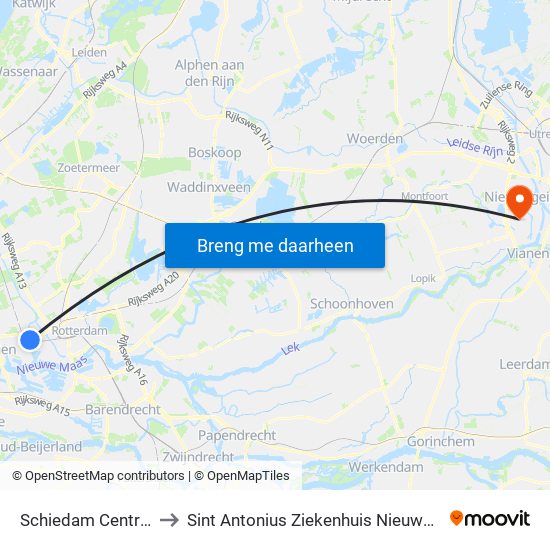 Schiedam Centrum to Sint Antonius Ziekenhuis Nieuwegein map