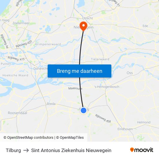 Tilburg to Sint Antonius Ziekenhuis Nieuwegein map