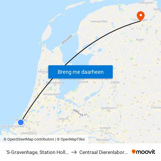 'S-Gravenhage, Station Hollands Spoor (Perron A) to Centraal Dierenlaboratorium Groningen map
