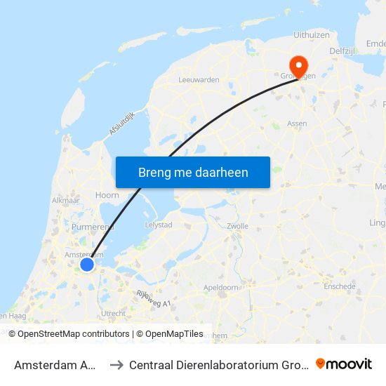 Amsterdam Amstel to Centraal Dierenlaboratorium Groningen map