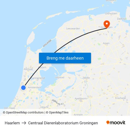 Haarlem to Centraal Dierenlaboratorium Groningen map