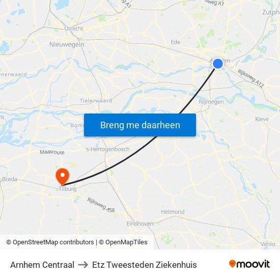 Arnhem Centraal to Etz Tweesteden Ziekenhuis map