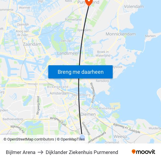 Bijlmer Arena to Dijklander Ziekenhuis Purmerend map