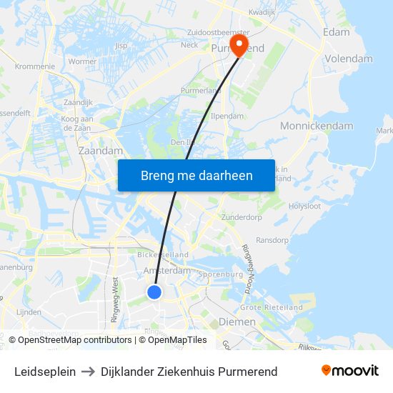 Leidseplein to Dijklander Ziekenhuis Purmerend map