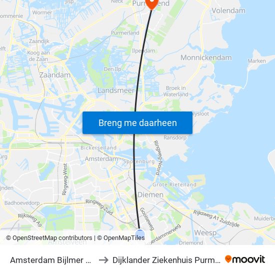 Amsterdam Bijlmer Arena to Dijklander Ziekenhuis Purmerend map