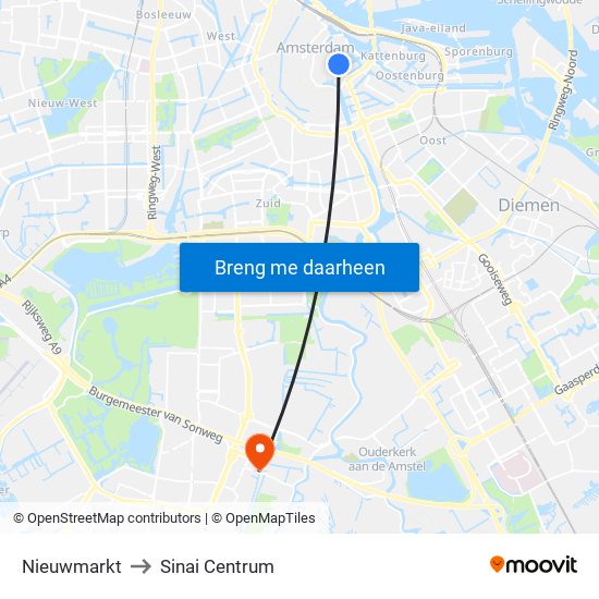 Nieuwmarkt to Sinai Centrum map