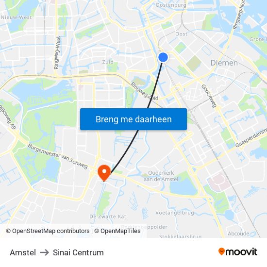 Amstel to Sinai Centrum map