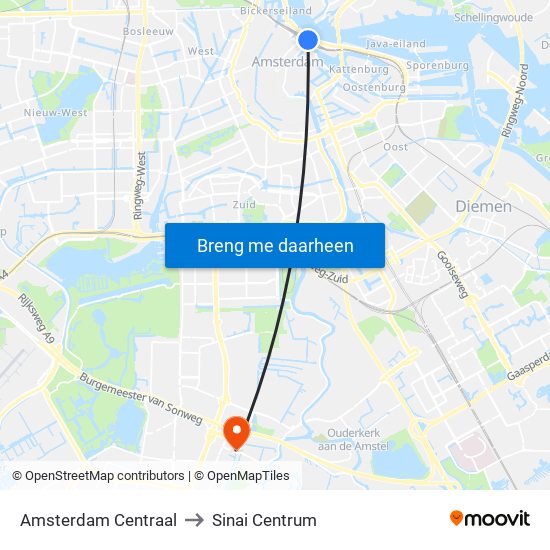 Amsterdam Centraal to Sinai Centrum map