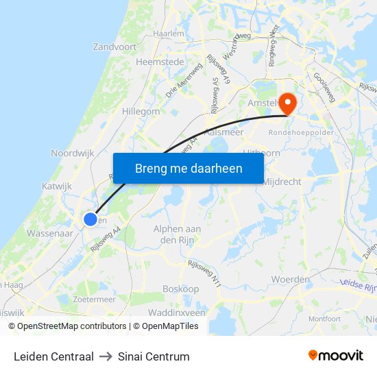 Leiden Centraal to Sinai Centrum map