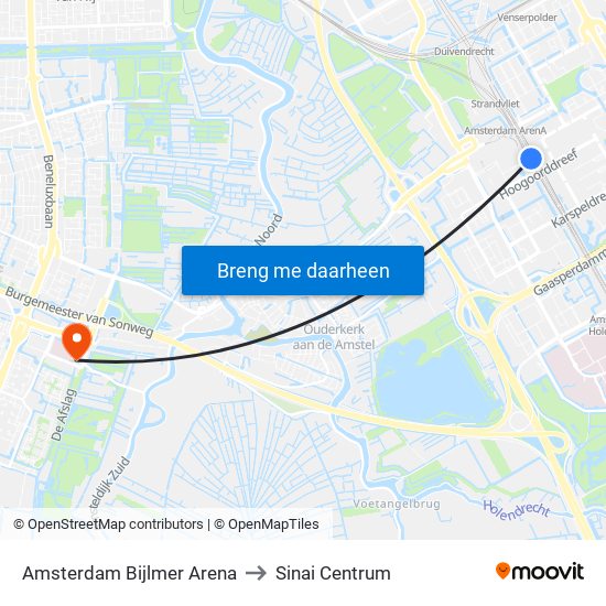 Amsterdam Bijlmer Arena to Sinai Centrum map