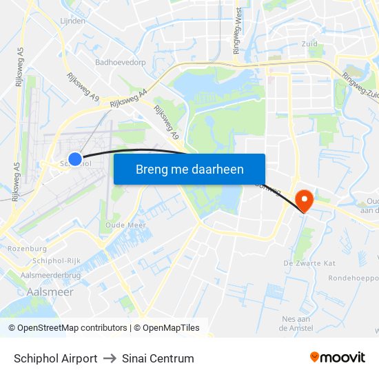 Schiphol Airport to Sinai Centrum map