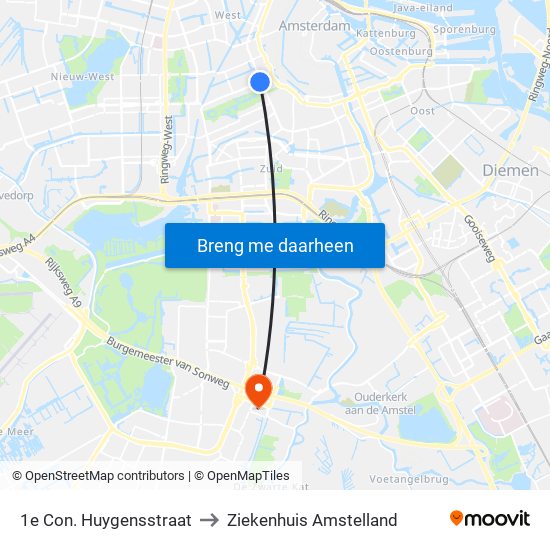 1e Con. Huygensstraat to Ziekenhuis Amstelland map