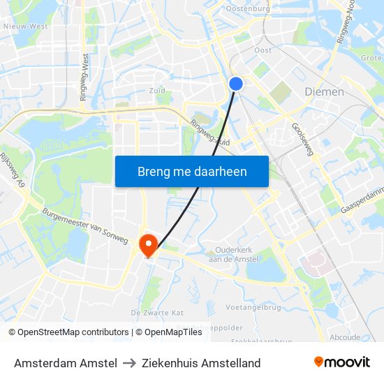 Amsterdam Amstel to Ziekenhuis Amstelland map