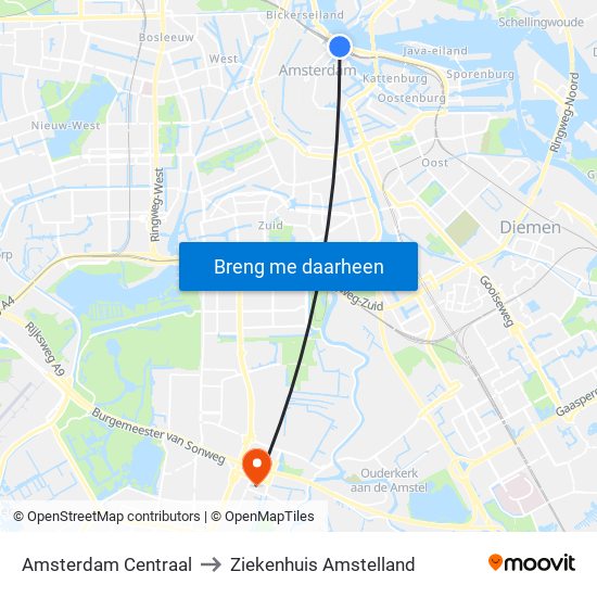 Amsterdam Centraal to Ziekenhuis Amstelland map