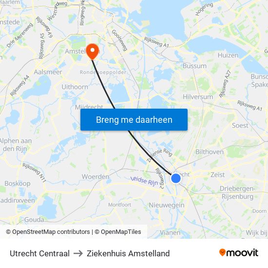 Utrecht Centraal to Ziekenhuis Amstelland map