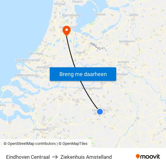 Eindhoven Centraal to Ziekenhuis Amstelland map