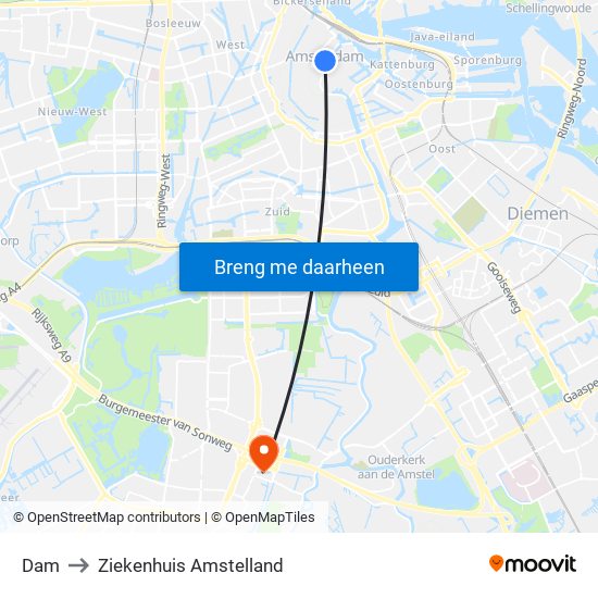Dam to Ziekenhuis Amstelland map