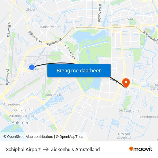Schiphol Airport to Ziekenhuis Amstelland map