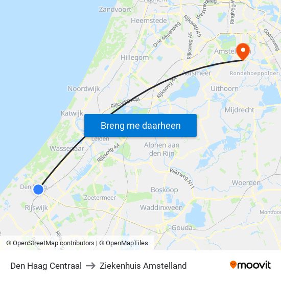 Den Haag Centraal to Ziekenhuis Amstelland map